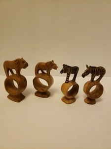 4 Vintage Hand Carved African Safari Animal Wooden Napkin Rings lion zebra - Picture 1 of 12