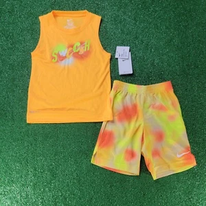 Nike Dri Fit Swoosh 2 Piece Kids Short Set Size 5-6 YRS Orange Yellow White New - Picture 1 of 11