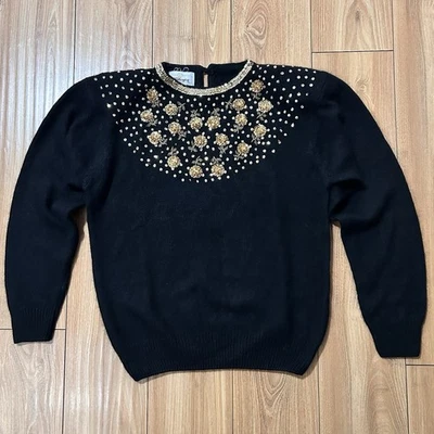 Suéter feminino vintage médio dourado floral com miçangas lantejoulas malha difusa Natal festivo - Imagem 1 de 4