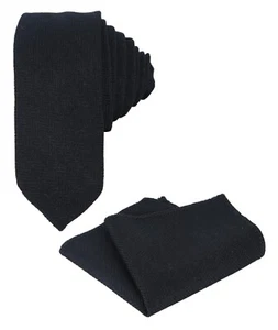 Mens Boys Herringbone Tweed Wedding Black Slim Tie & Handkerchief Hanky Set - Picture 1 of 8