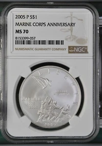 MS70 2005 P MS70 Marine Corps Commemorative Silver Dollar NGC - Picture 1 of 2
