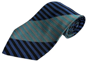 Allegro Brand Mens Italian 100% Silk Tie Horizontal Repp Stripes Blue Black Grey - Picture 1 of 7