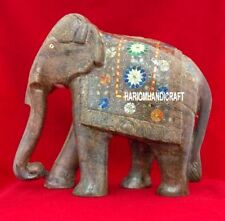 12'' Marble Trunk Down Floral Sculpture Elephant Inlaid Outdoor Decoration H3765
