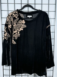 Paparazzi Crushed Velvet Embroidered Tunic 3/4 Sleeve Blouse Womens M Black - Picture 1 of 10
