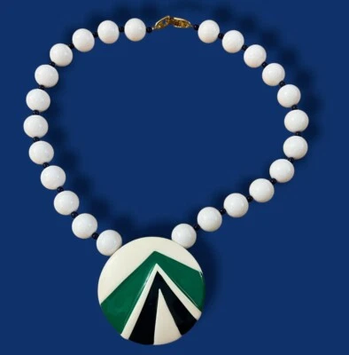 Vintage Modernist Style NAPIER Statement Necklace Green Navy White Pendant Beads - Image 1 of 4