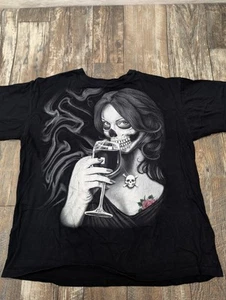 Day of the Dead Biker Chick Drinking Wine With Skull - Adult Tee Shirt Large - Picture 1 of 8