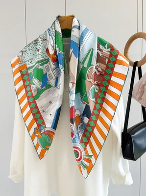 Pañuelo para el cuello 100 % sarga morera seda estampado a rayas envoltura 35"" bufanda chal cuadrado Foto 1 de 4