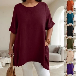 Plus Size Women Short Sleeve Loose Tops Shirt Ladies Baggy Blouse With Pocket - Picture 1 of 26
