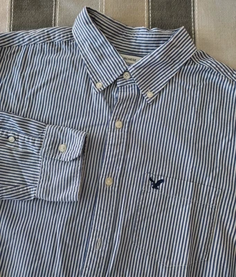 Camisa de vestir American Eagle para hombre L Marchese calce clásico a rayas azul blanco Foto 1 de 4