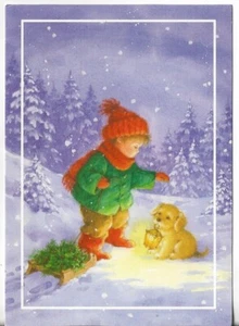 Vtg CHRISTMAS CARD 4x6 Used Little Boy Pulling a Sled & Puppy with Lantern - Picture 1 of 3