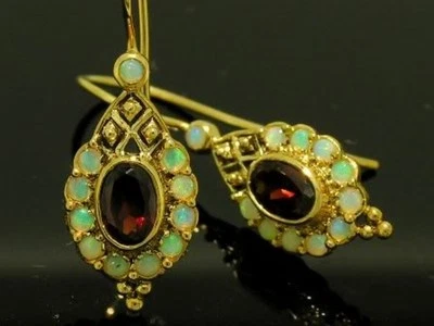 CE015- Genuine 9ct SOLID Gold NATURAL Garnet & Opal Charming Drop Earrings  - Image 1 of 4