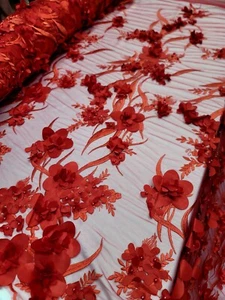 3D rot Blumen Spitze Perlen Stickerei Stoff Meterware Quinceañera Kleid - Bild 1 von 12