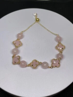 Pulsera de lujo de cuarzo rosa - ajustable - cuentas de cristal Foto 1 de 2