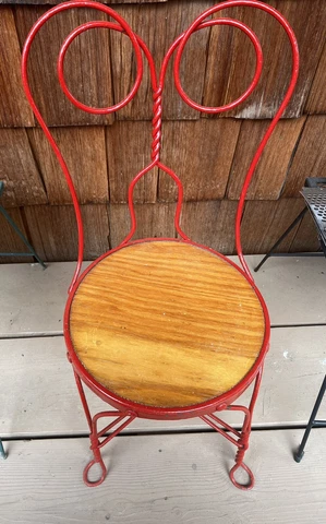 Vintage Red Wrought Iron ice Cream Parlor Chair 35"H Wood set. Has been refinish Cover