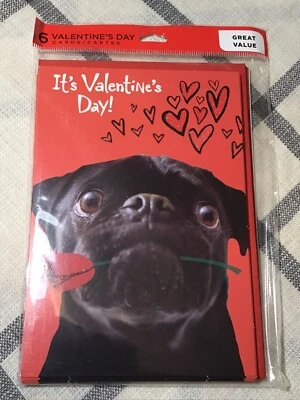 Paquete de 6 tarjetas de feliz día de San Valentín Hallmark CUALQUIERA familia amigo perro tarjeta Pug Foto 1 de 2