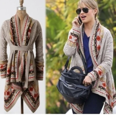 Cárdigan Sparrow Anthropologie Tribal Suave Cinturón Beige Tostado Envoltura Neutra S Foto 1 de 4