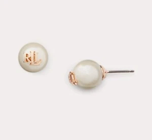 New Lauren Ralph Lauren Gold-Tone & Imitation Pearl Logo Stud Earrings Post Back - Picture 1 of 8