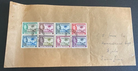 GAMBIA KG6 TO 1/- (8) T.P.O. CANCEL. APPROX. SIZE: 25.5 X 12.4CM Cover