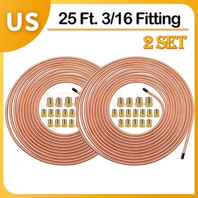 2X Copper Nickel Brake Line Tubing Kit 3/16 OD 25 Ft Coil Roll all Size Fittings - Image 1 of 4