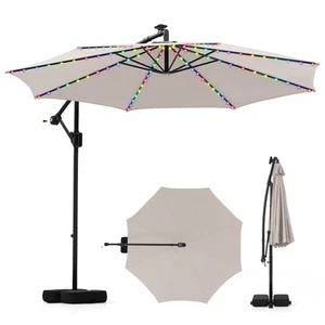 10 FT Solar Offset Hanging Umbrella w/ Base Patio Cantilever Umbrella Beige - Picture 1 of 10