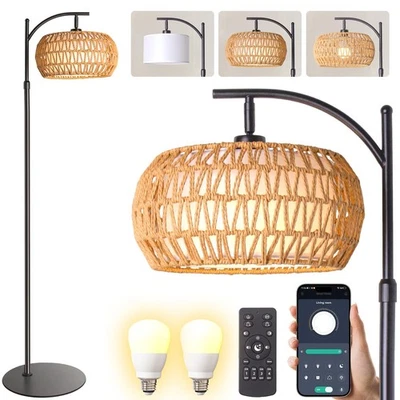 Boho Rattan Floor Lamp with Shade - 12W Bright LED Bulb, Adjustable Height 48... - Image 1 of 4