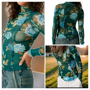  Free People S Charlie bedrucktes Langarm grün Blumen Kombi Mesh Top neu mit Etikett $ 78 - Bild 1 von 9