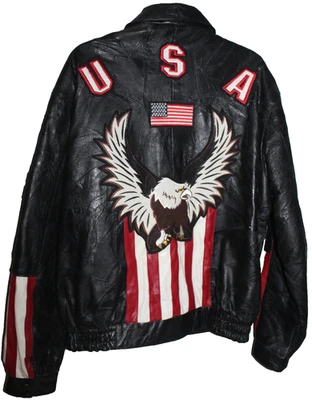 CHAQUETA DE RETAZOS GRANDE DE CUERO MILAN PARA HOMBRE NEGRA BANDERA ÁGUILA DE ESTADOS UNIDOS MOTOCICLISTA CAMIONERO Foto 1 de 2