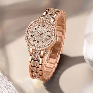 Reloj de cuarzo para mujer brillante adornado en oro rosa con esfera numérica romana - Imagen 1 de 8