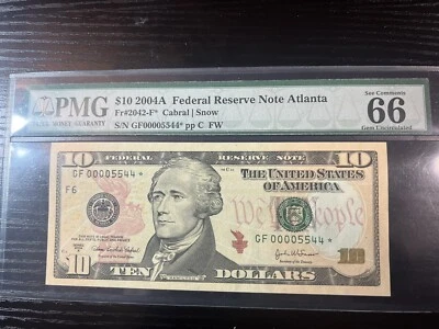 2004A $10 Federal Reserve Note PMG 66EPQ rare low serial Atlanta star Fr 2042-F* - Image 1 of 3