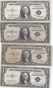 KAPPYSCOINS WC207 ESTATE LOT OF FOUR OLD $1 .00 SILVER CERTIFICATES CIRCS - Picture 1 of 2