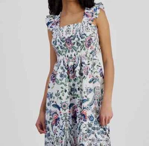 Anne Klein Women White Floral Print Smocked MIDI Dress Size Large - Picture 1 of 7