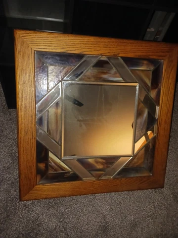 Vintage Stained Glass Beveled Mirror Oak Frame 26 x 26" Craftsman Style handmade Cover