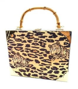 NEW UNIQUE Exotic Brown Leopard Animal Print Cigar Box Bamboo Handle Purse Bag - Picture 1 of 12