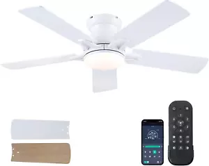 White Flush Mount Ceiling Fans - 48" Modern Low Profile Ceiling Fan Light with R - Picture 1 of 9