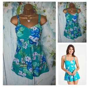 NEW BONMARCHE SWIMDRESS SIZE 20, Aqua Tropical Ruched front Skirted Swimsuit - Picture 1 of 13