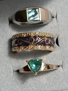 Shades of Blue Lot of 3 VTG Silvertone Fashion Rings Abalone, Enamel, CZ Sz. 7 - Picture 1 of 10
