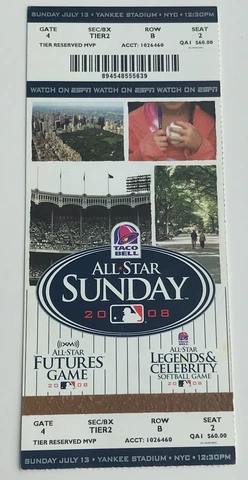 2008 MLB All Star Futures + Celebrity Softball Game Ticket Stub New York Yankees Cover