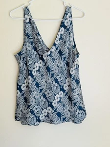 Abigail Borg J Crew Silk Blue Floral Tank Women's 16 V Neck - Picture 1 of 8