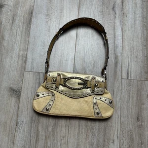 GUESS Y2K Vintage 1990s Metro Straw Leather Mini Shoulder Bag Gold/Beige - Picture 1 of 19