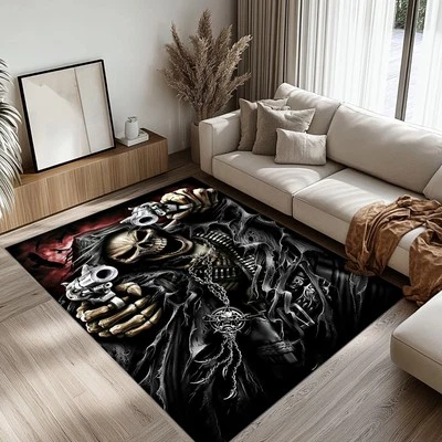 Skull Rug, Black Gray Skull Rug, Skull and Weapon Rug, For Living Room Skull Rug - Image 1 of 4