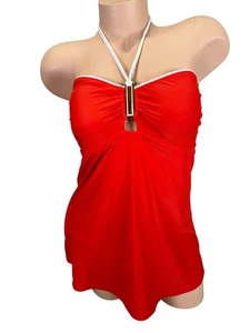 JONES NEW YORK Size 8 Swimsuite One Piece Tank Overlay Red Halter Open Back - Picture 1 of 13