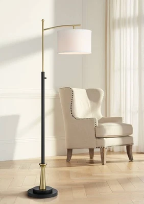 Modern Downbridge Floor Lamp 64" Tall Black Brass Drum Shade Living Room Reading - Image 1 of 4