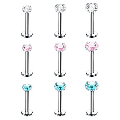 3pc 3-5mm Round Zircon Labret Monroe Lip Internally Threaded 6-12mm Bar Piercing Foto 1 de 4