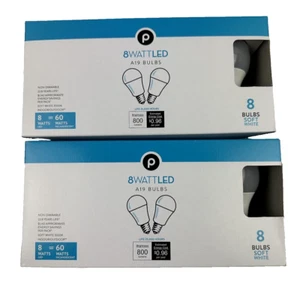 (2) Publix 8 Watt Led A19 8 Bulbs Soft White 8 Watts Led=60watts Incandescent - Picture 1 of 4