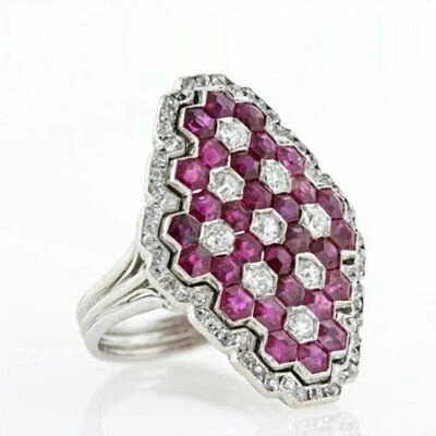 Art Deco Honey Comb Design Pink Ruby With White Cubic Zirconia 935 Silver Ring - Image 1 of 3