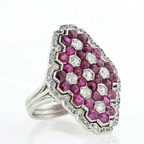 Art Deco Honey Comb Design Pink Ruby With White Cubic Zirconia 935 Silver Ring - Image 1 of 3