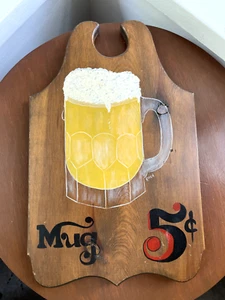 Vintage Bier Holz Schild 5 Cent Becher Stein Werbung handbemalt 11" x 17" - Bild 1 von 8