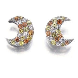 Sapphire Paved Moon Earrings 18K 750 White Gold - Picture 1 of 4