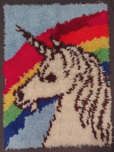 Vtg 80's Latch Hook Rainbow Unicorn Rug Wall Hanging Finished Piece 17x23"