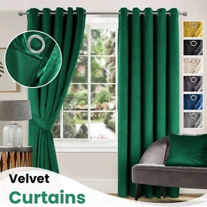 Thick Velvet Curtains Blackout Ring Top Eyelet Curtains Ready Made Fully Lined - Picture 1 of 36